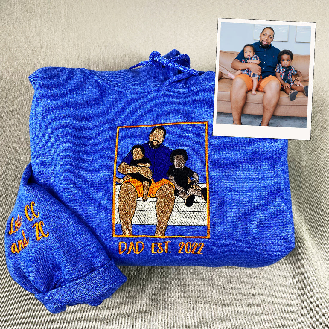 Custom Embroidered Dad Daughter Portrait Sweatshirt Hoodie - Personalized Initial on Sleeve Gift