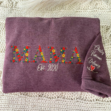 Custom Embroidered Floral Mama Sweatshirt with Kids’ Names & Est Years – Personalized Mother’s Day Gift