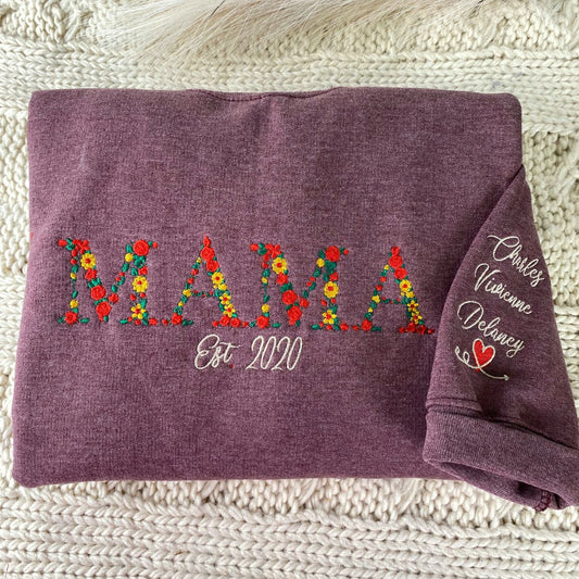Custom Embroidered Floral Mama Sweatshirt with Kids’ Names & Est Years – Personalized Mother’s Day Gift