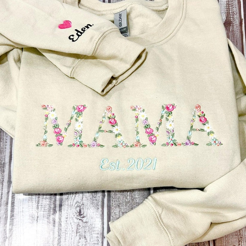 Custom Embroidered Floral Mama Sweatshirt with Kids’ Names & Est Years – Personalized Mother’s Day Gift