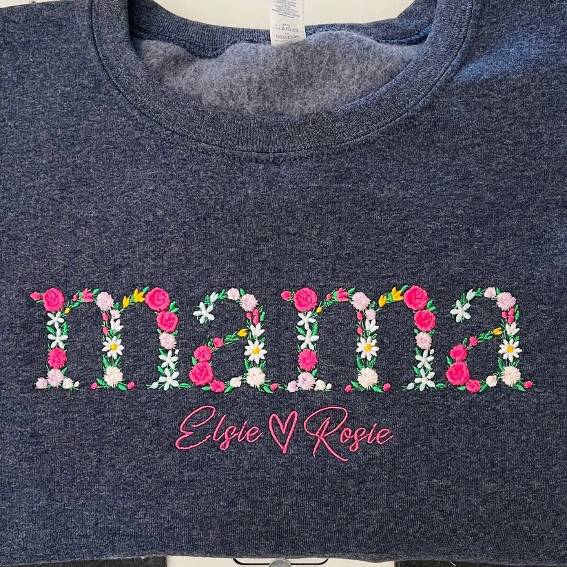 Custom Embroidered Floral Mama Sweatshirt with Kids’ Names & Est Years – Personalized Mother’s Day Gift