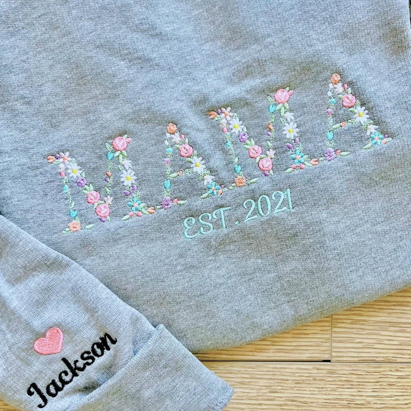 Custom Embroidered Floral Mama Sweatshirt with Kids’ Names & Est Years – Personalized Mother’s Day Gift