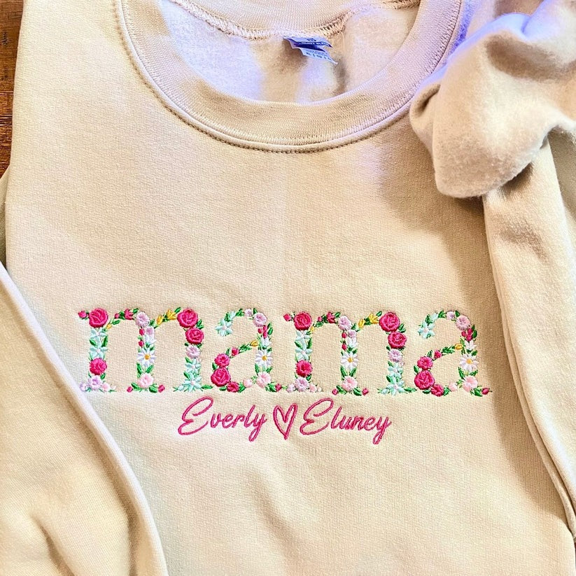 Custom Embroidered Floral Mama Sweatshirt with Kids’ Names & Est Years – Personalized Mother’s Day Gift