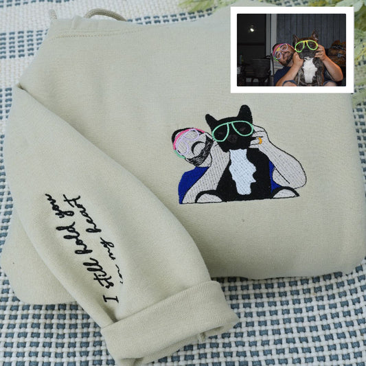 Custom Embroidered Full-Color Pet & Owner Portrait Sweatshirt & Hoodie – Unique Gift for Pet Lovers