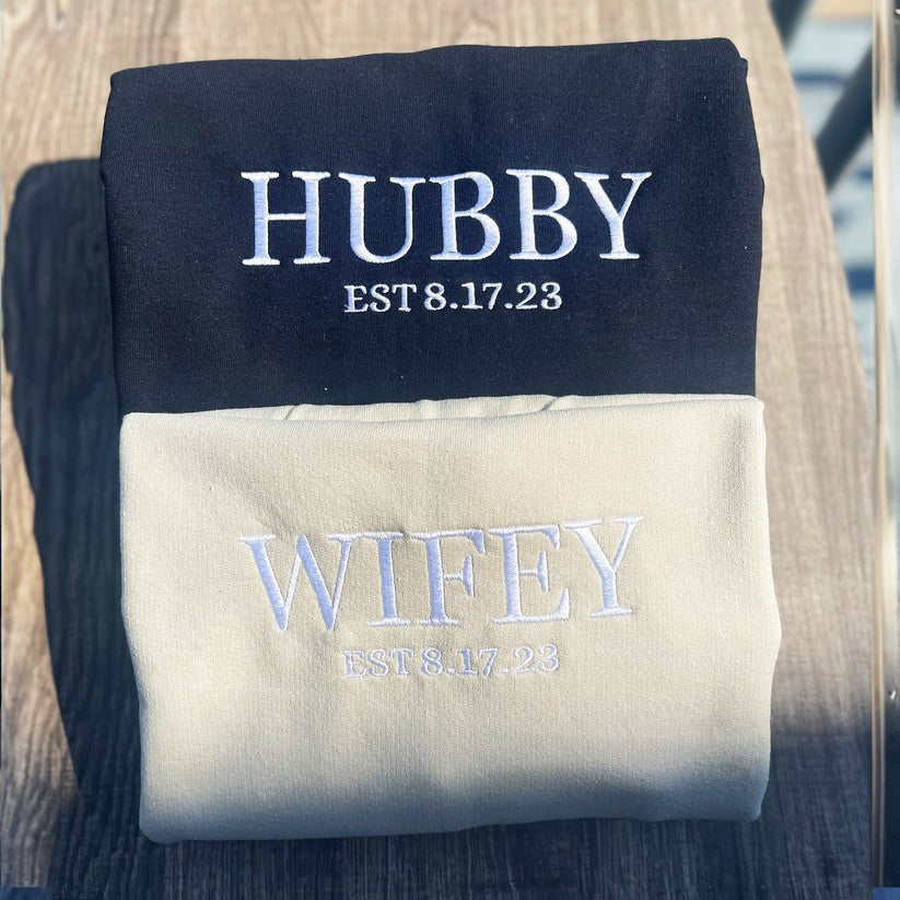 Custom Embroidered Hubby & Wifey Sweatshirt & Hoodie - Anniversary Gift