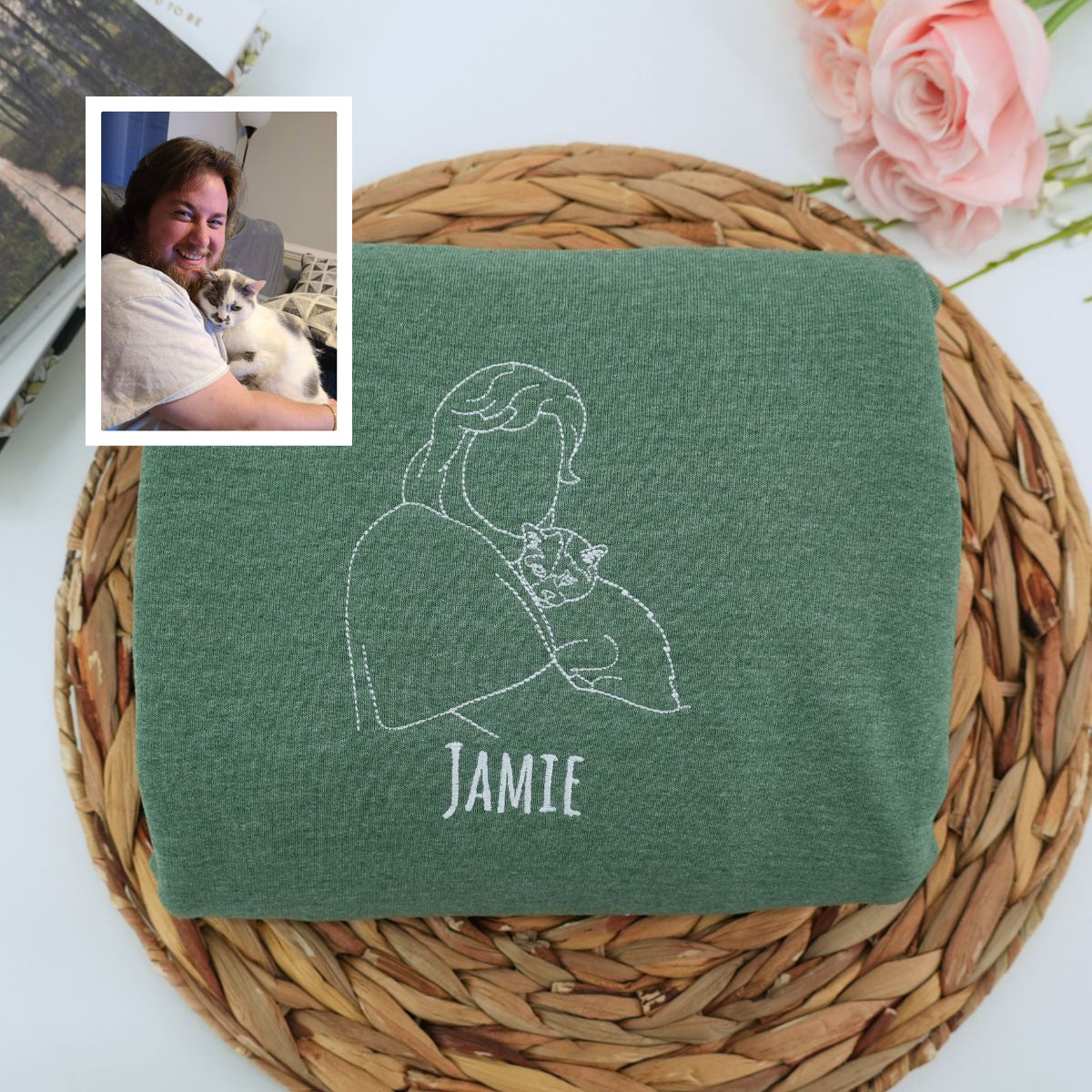 Custom Embroidered Sweatshirts & Hoodies with Line Art Pet & Owner Portrait – Personalized Gift for Pet Lovers