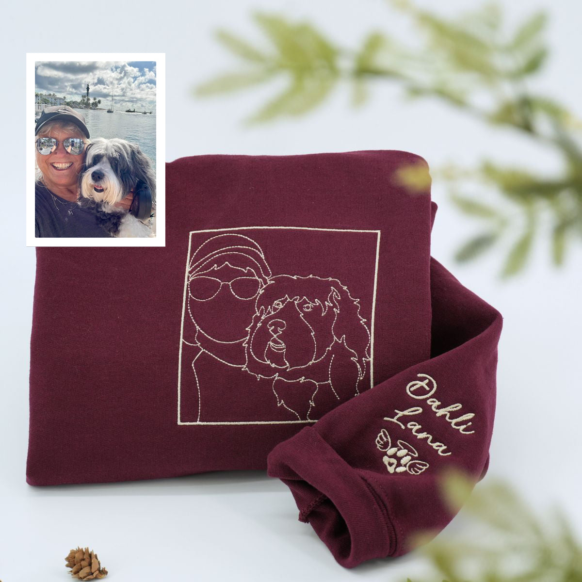 Custom Embroidered Sweatshirts & Hoodies with Line Art Pet & Owner Portrait – Personalized Gift for Pet Lovers