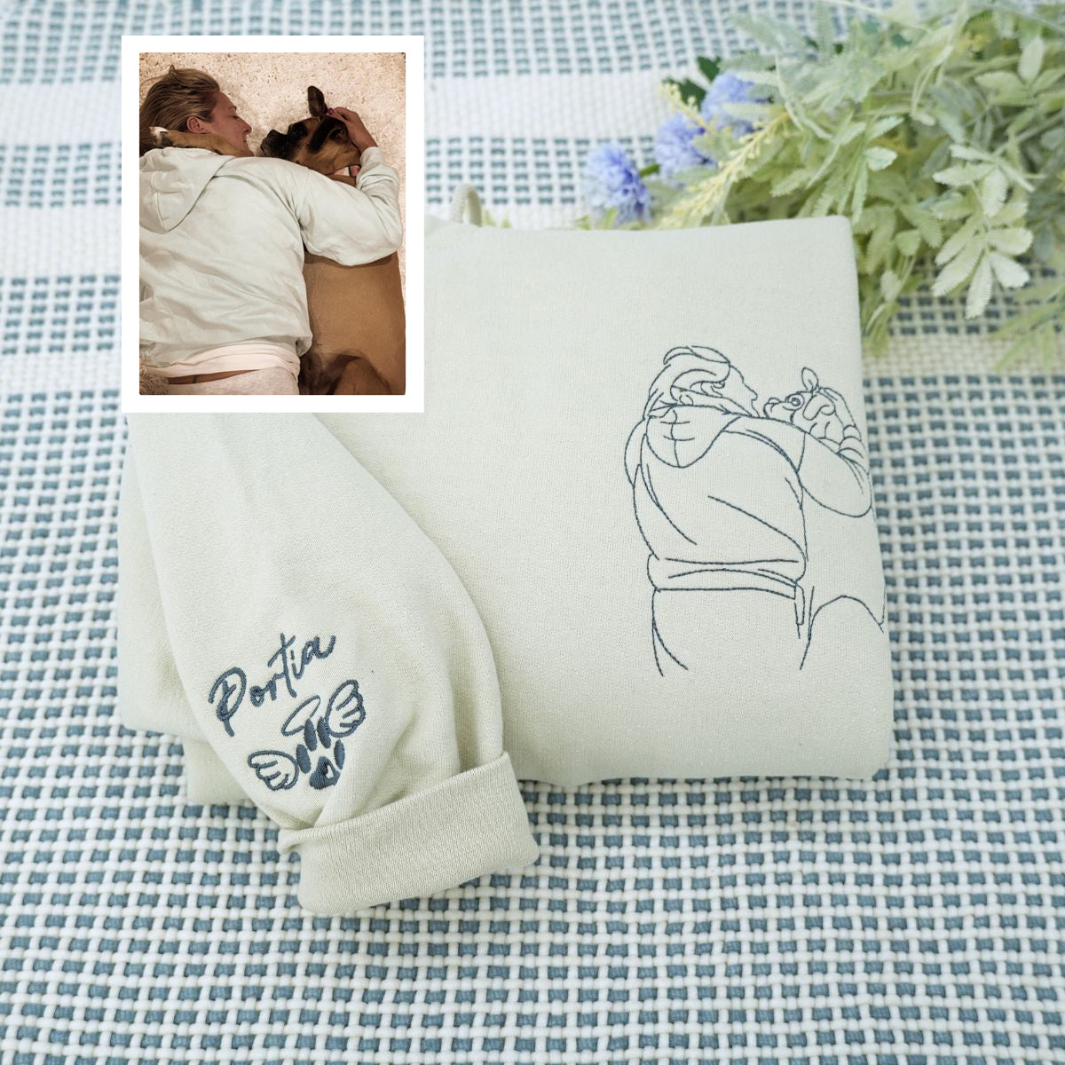 Custom Embroidered Sweatshirts & Hoodies with Line Art Pet & Owner Portrait – Personalized Gift for Pet Lovers