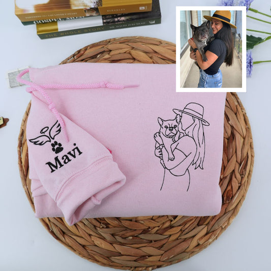 Custom Embroidered Sweatshirts & Hoodies with Line Art Pet & Owner Portrait – Personalized Gift for Pet Lovers