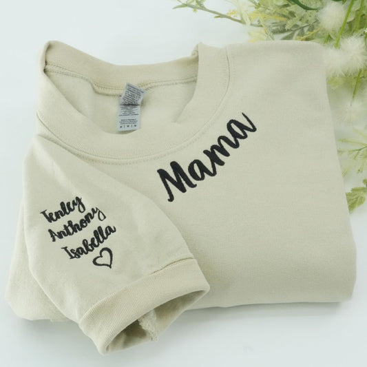 Custom Embroidered Neckline Mama Sweatshirt – Personalized Mom Hoodie with Kids Names Gift