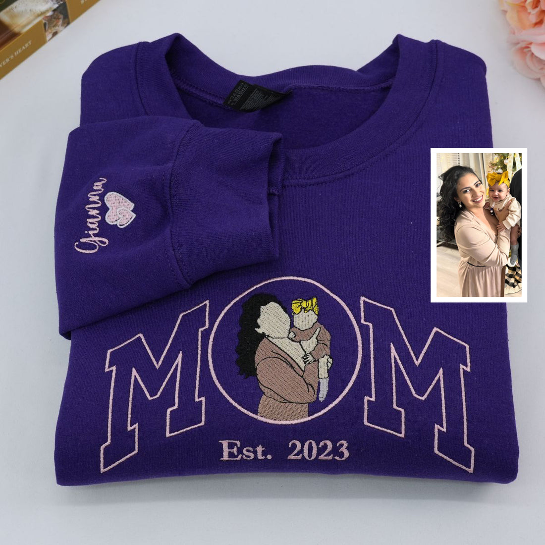 Custom Embroidered Mom Sweatshirt & Hoodie – Personalized Family Portrait Crewneck Gift for Mom