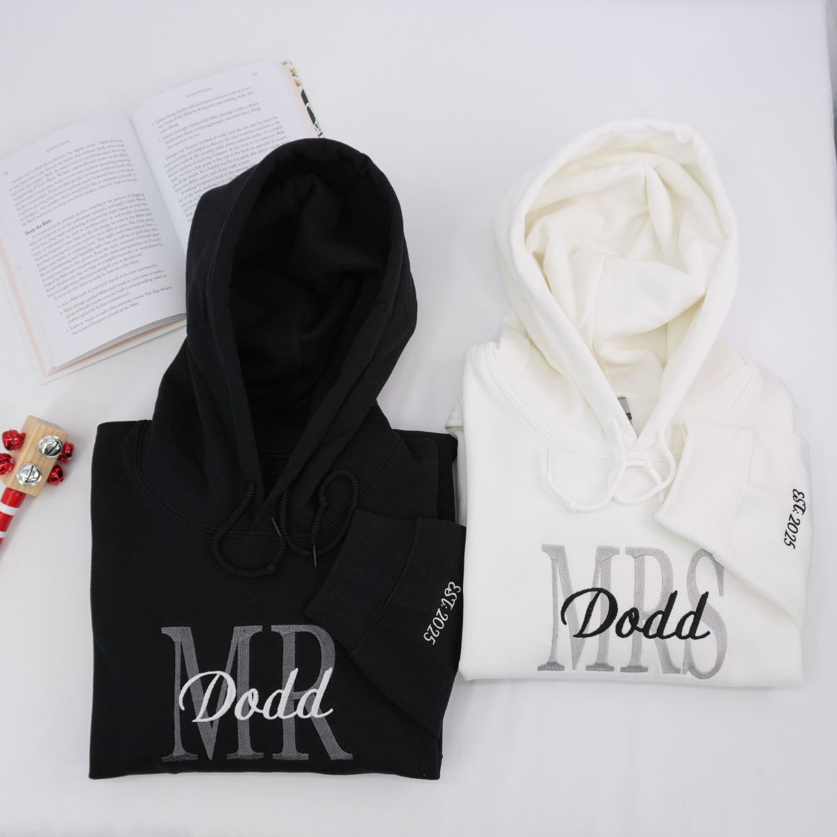 Custom Embroidered Mr & Mrs Sweatshirt & Hoodie with Date on Sleeve – Personalized Couple Gift