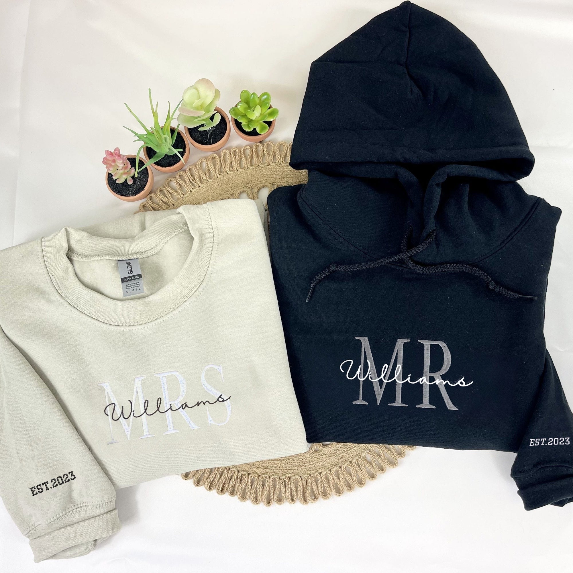 Custom Embroidered Mr & Mrs Sweatshirt & Hoodie with Date on Sleeve – Personalized Couple Gift