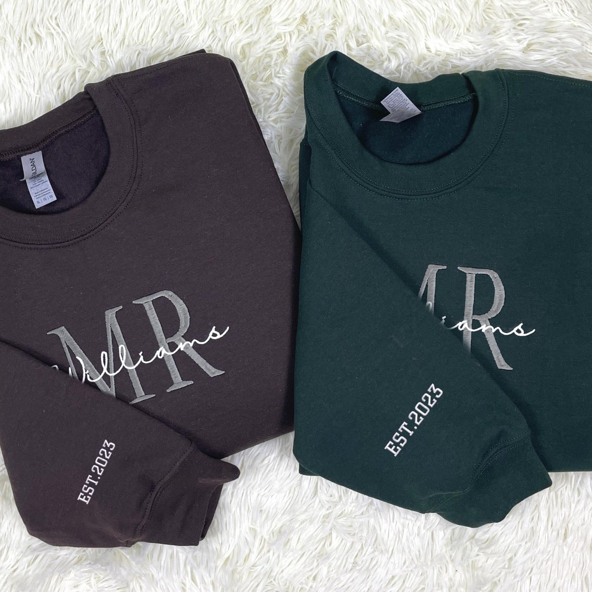 Custom Embroidered Mr & Mrs Sweatshirt & Hoodie with Date on Sleeve – Personalized Couple Gift
