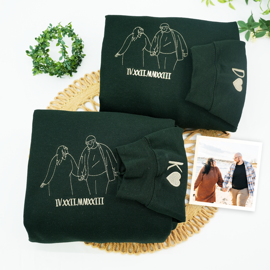Custom Embroidered Roman Numeral Sweatshirts & Hoodies with Boyfriend & Girlfriend Portrait Outline – Personalized Gift