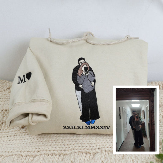 Custom Embroidered Roman Numeral Sweatshirts & Hoodies with Photo Portrait – Personalized Couple Gift