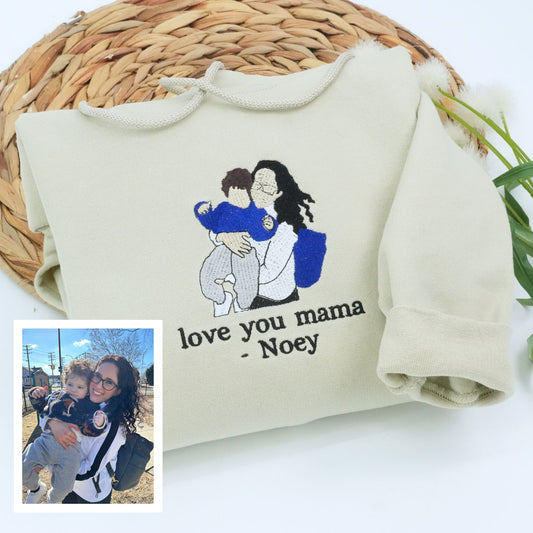 Custom Embroidered Mother & Son Portrait Sweatshirts & Hoodies – Personalized Photo Gift