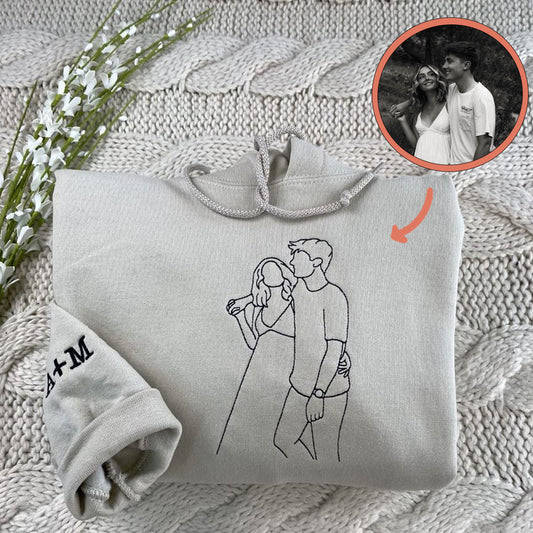 Custom Embroidered Sweatshirts & Hoodies with Personalized Outline Couple Portrait from Photo