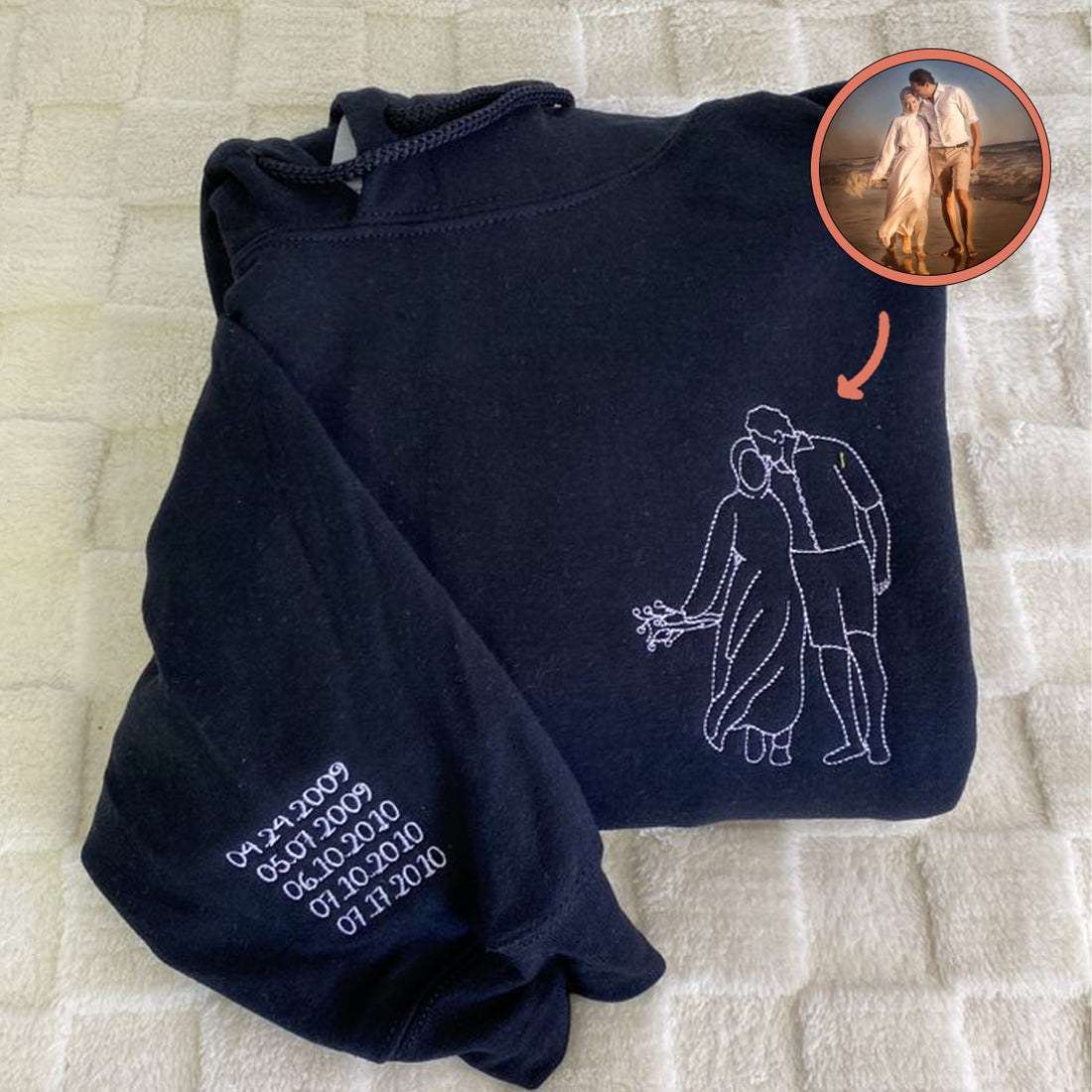Custom Embroidered Sweatshirts & Hoodies with Personalized Outline Couple Portrait from Photo