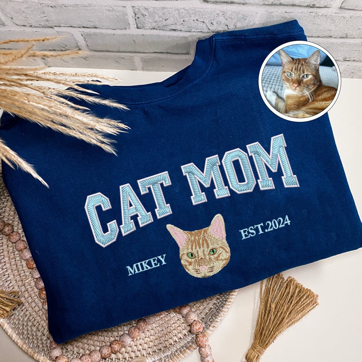Custom Embroidered Varsity Cat Mom T-Shirt