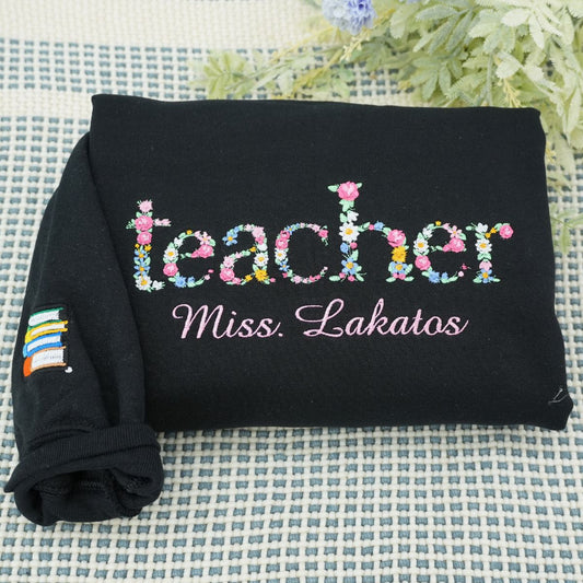 Custom Embroidered Teacher Sweatshirt with Floral Letter – Personalized Teacher Gift Hoodie