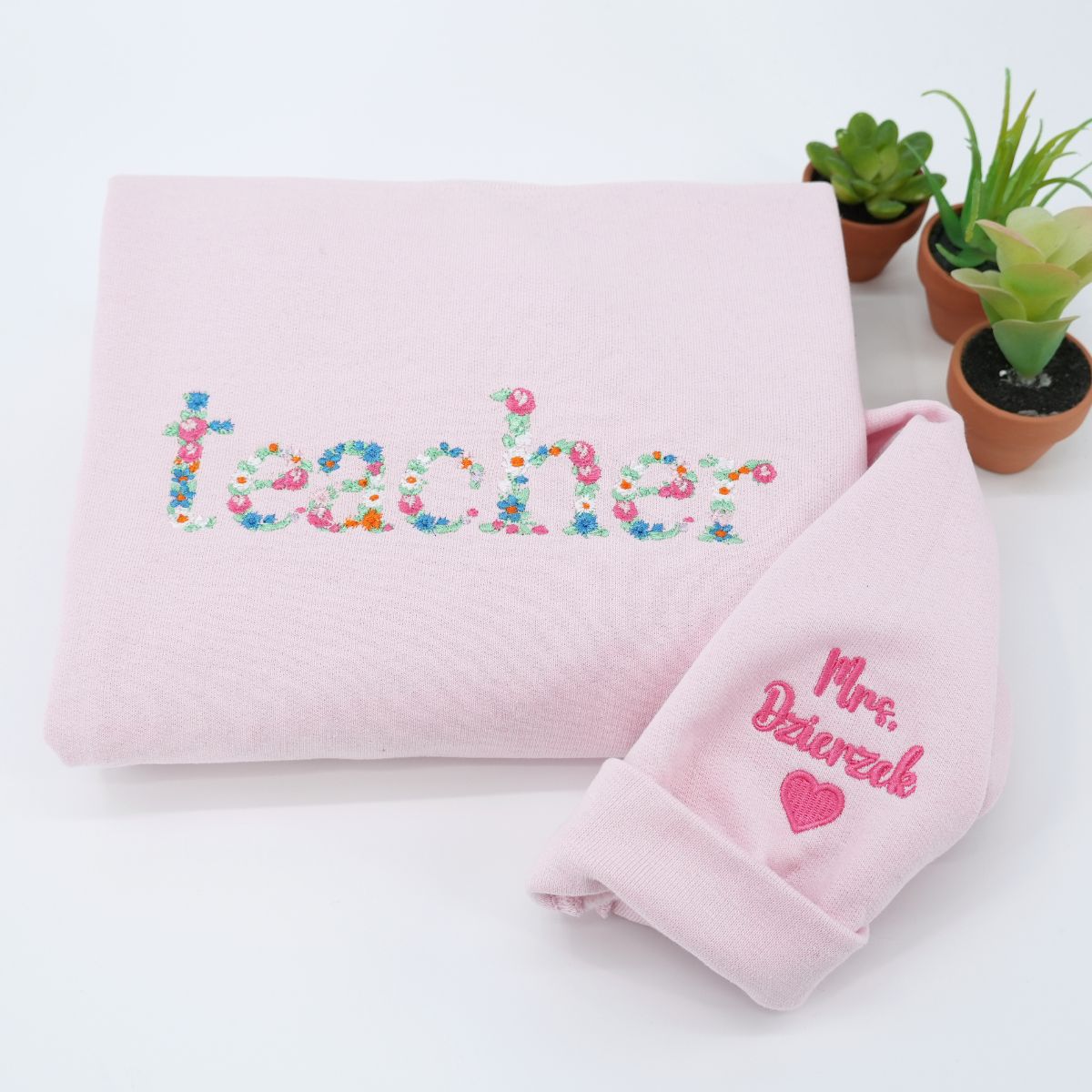 Custom Embroidered Teacher Sweatshirt with Floral Letter – Personalized Teacher Gift Hoodie