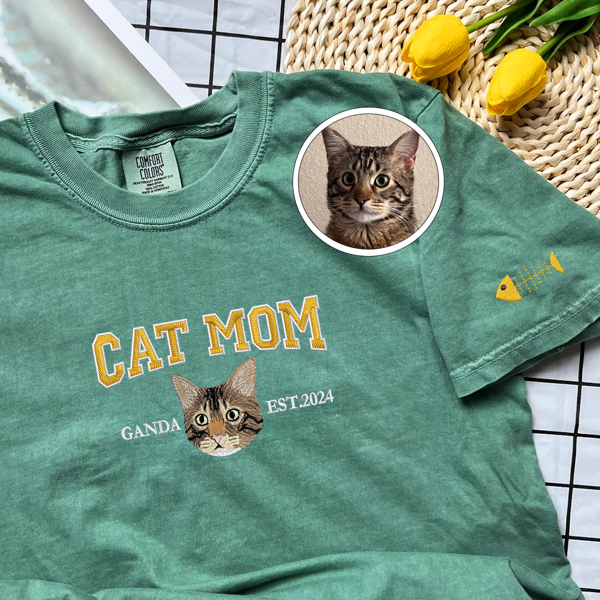 Custom Embroidered Varsity Cat Mom T-Shirt