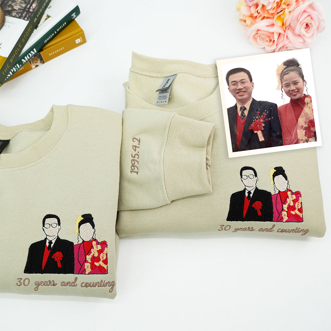 Custom Embroidered Wedding Hoodie & Sweatshirt with Personalized Couple Portrait – Matching Sweatshirts from Photo