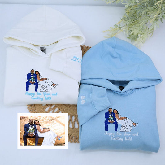 Custom Embroidered Wedding Hoodie & Sweatshirt with Personalized Couple Portrait – Matching Sweatshirts from Photo