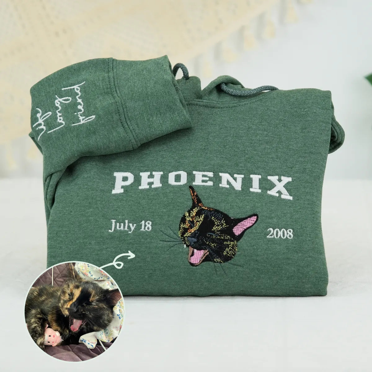 Personalized Varsity Cat Face Embroidered Hoodie with Cat Name