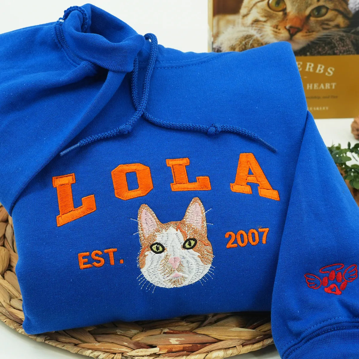 Personalized Varsity Cat Face Embroidered Hoodie with Cat Name