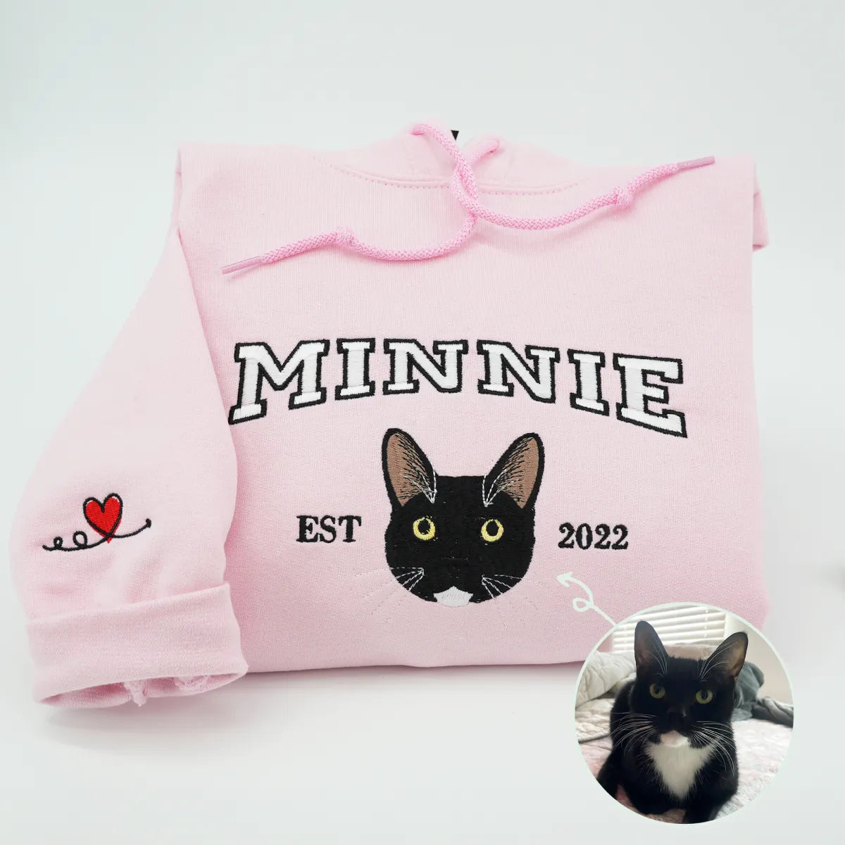 Personalized Varsity Cat Face Embroidered Hoodie with Cat Name