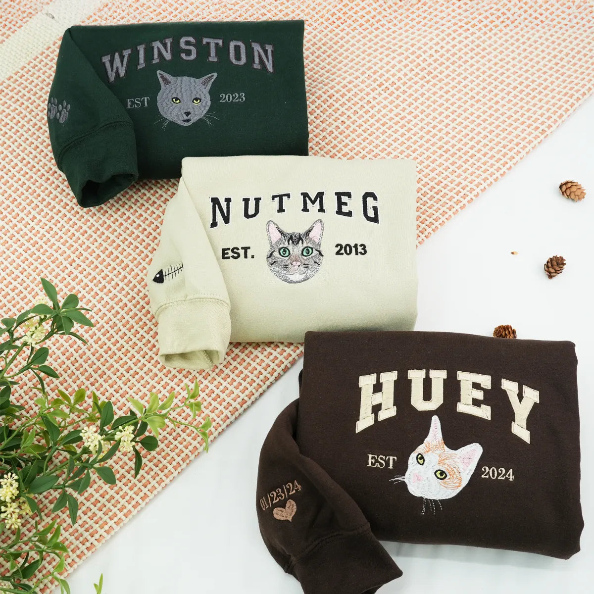 Personalized Varsity Cat Face Embroidered Hoodie with Cat Name