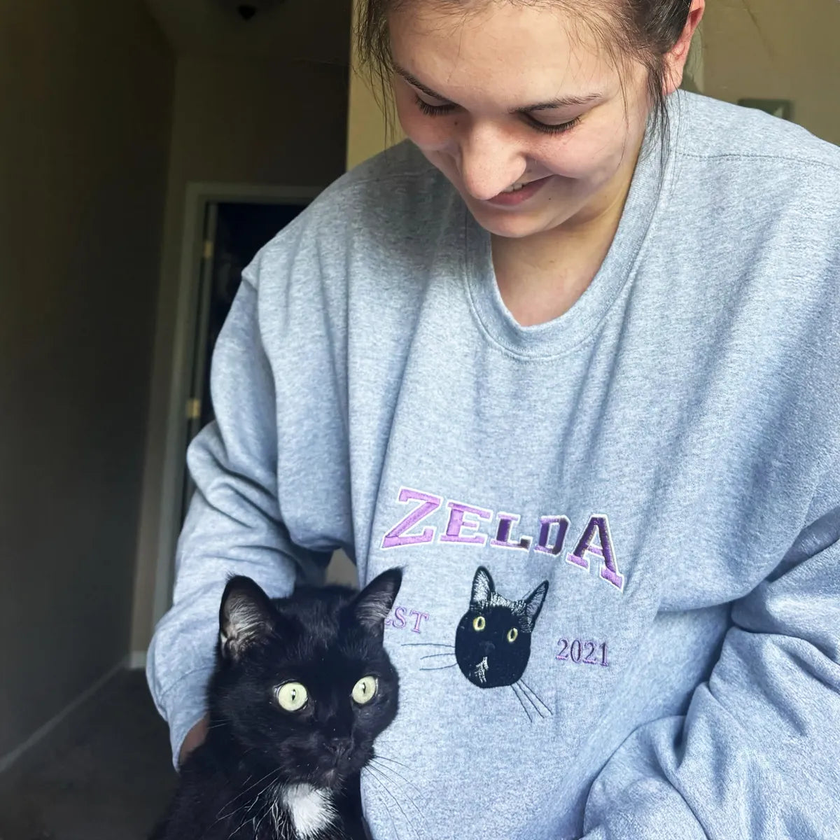 Personalized Varsity Cat Face Embroidered Hoodie with Cat Name